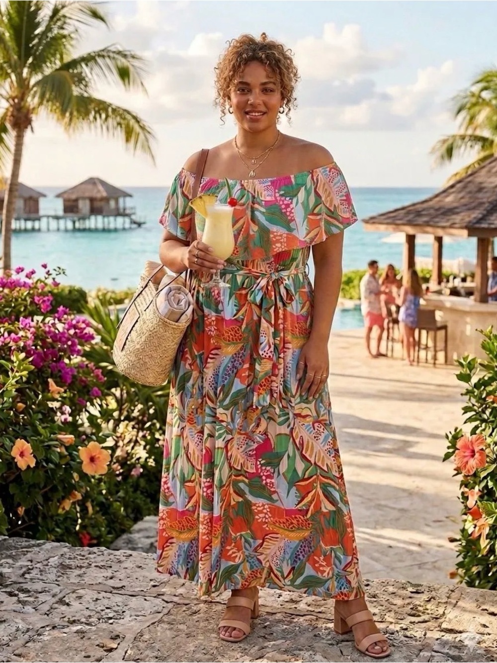 Off-Shoulder Floral Print Maxi Dress in Multi
